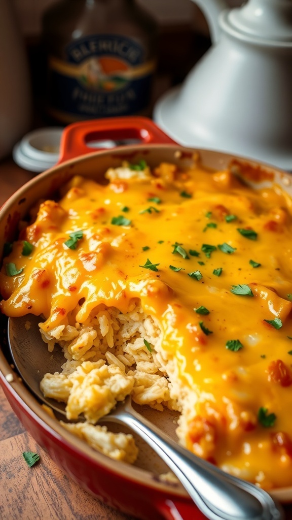 A cheesy chicken and rice casserole in a baking dish, topped with melted cheese and garnished with parsley.